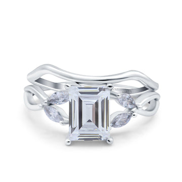 Two Piece Art Deco Emerald Cut Wedding Ring Simulated Cubic Zirconia 925 Sterling Silver